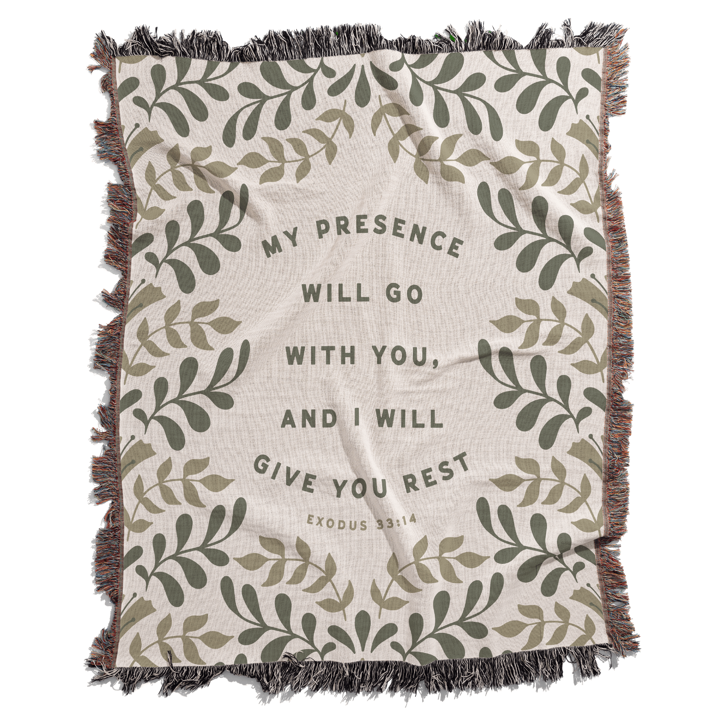 Blanket with leaf pattern and motivational text on a white background