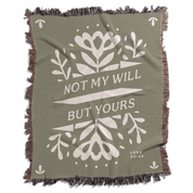 Green blanket with white floral design and text 'Not my will but yours' on a white background