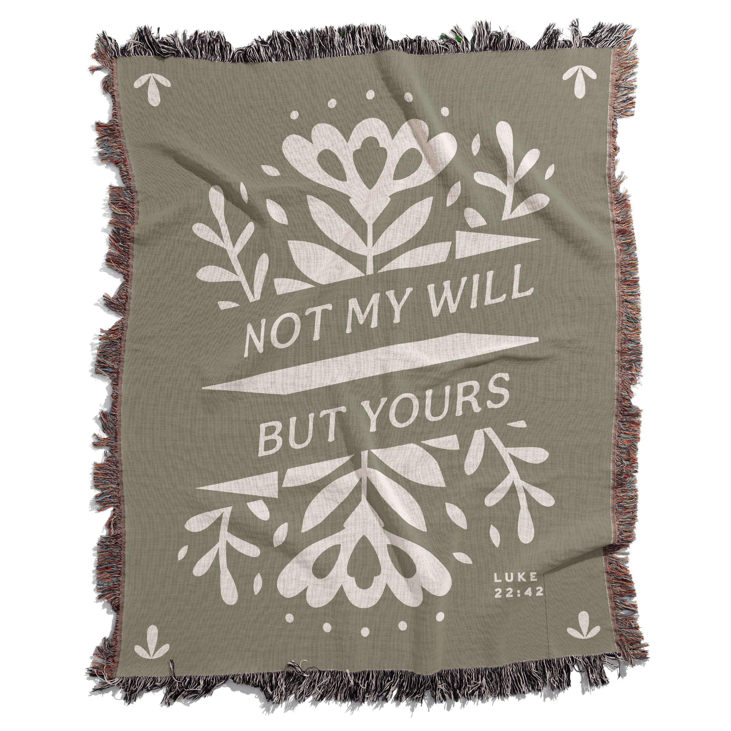 Green blanket with white floral design and text 'Not my will but yours' on a white background