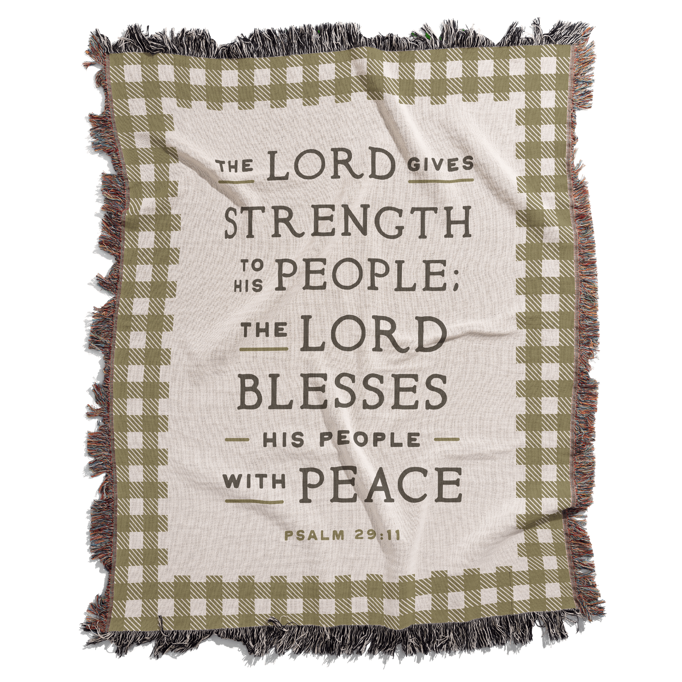 Blanket with plaid pattern and inspirational quote on a white background