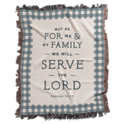 Blanket with plaid border and text 'But as for me & my family we will serve the Lord Joshua 24:15' on a white background