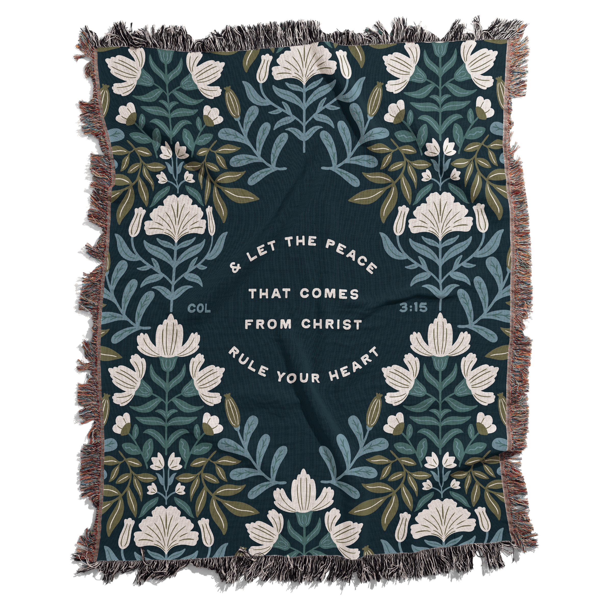 Floral patterned blanket with text on a white background