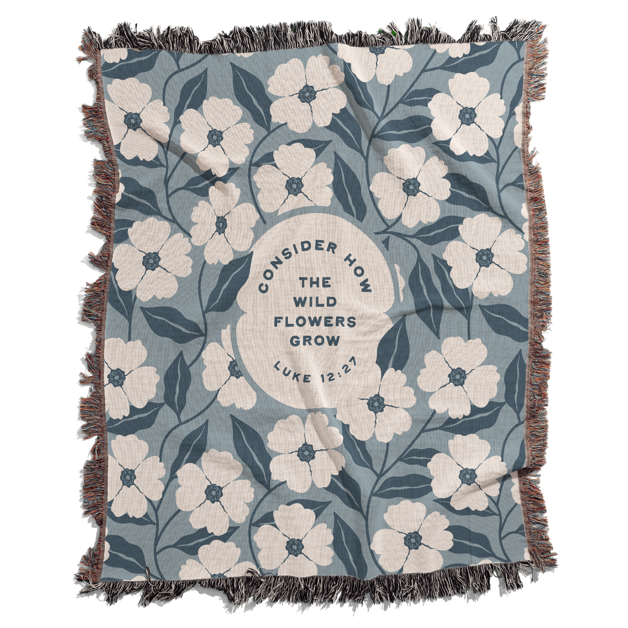 Floral patterned blanket with text on a blue background