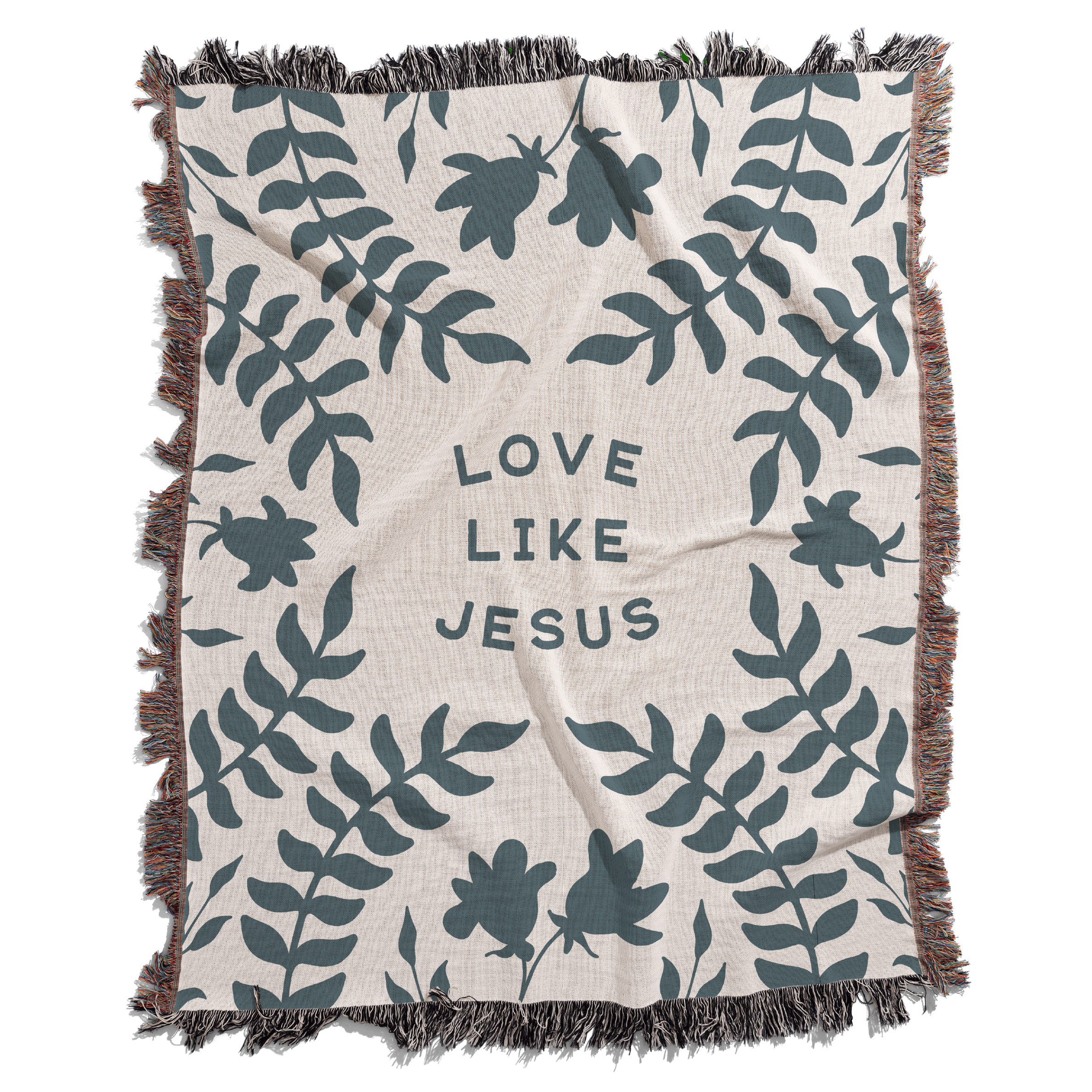 Blanket with leaf pattern and 'Love Like Jesus' text on a white background