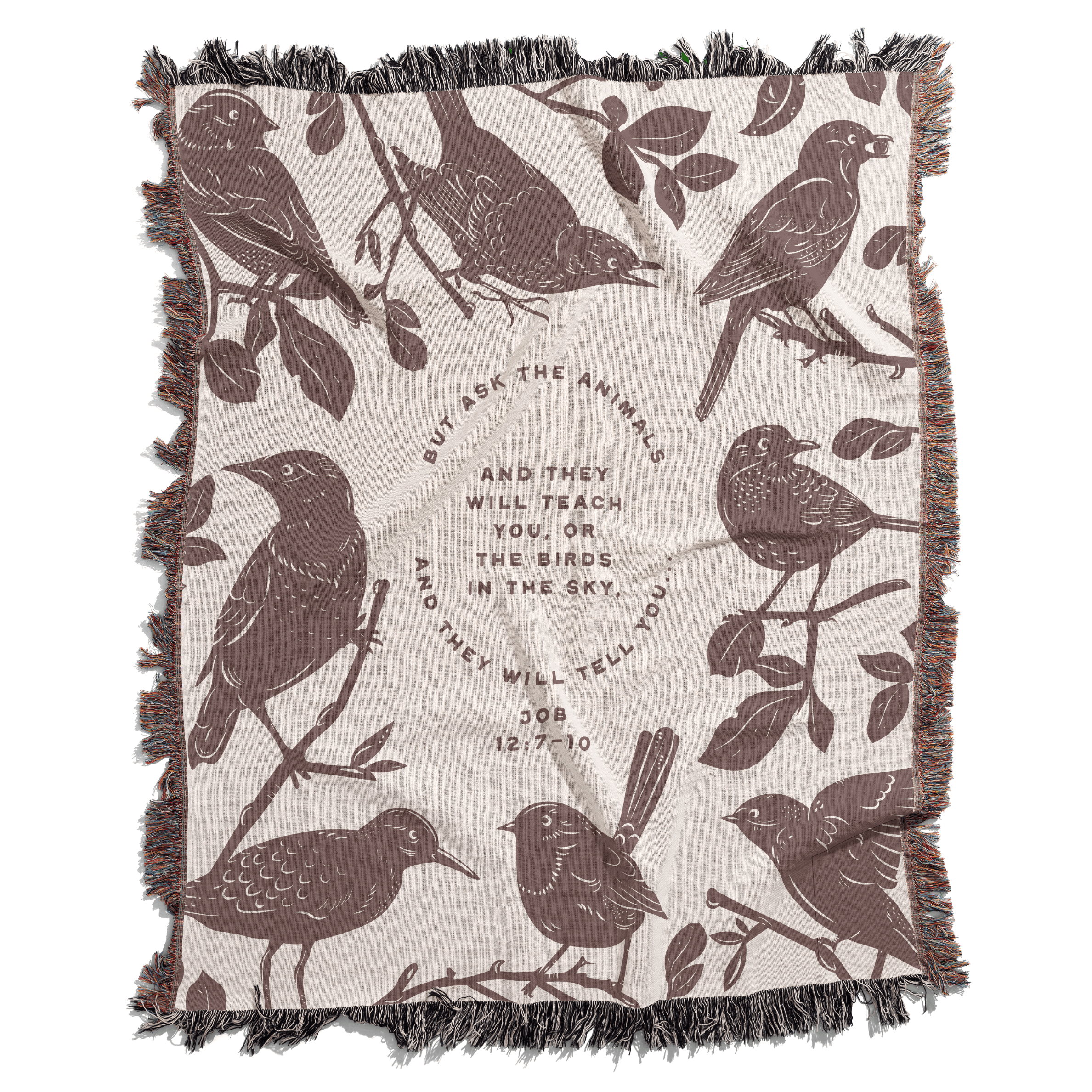 Blanket with bird illustrations and text on a beige background