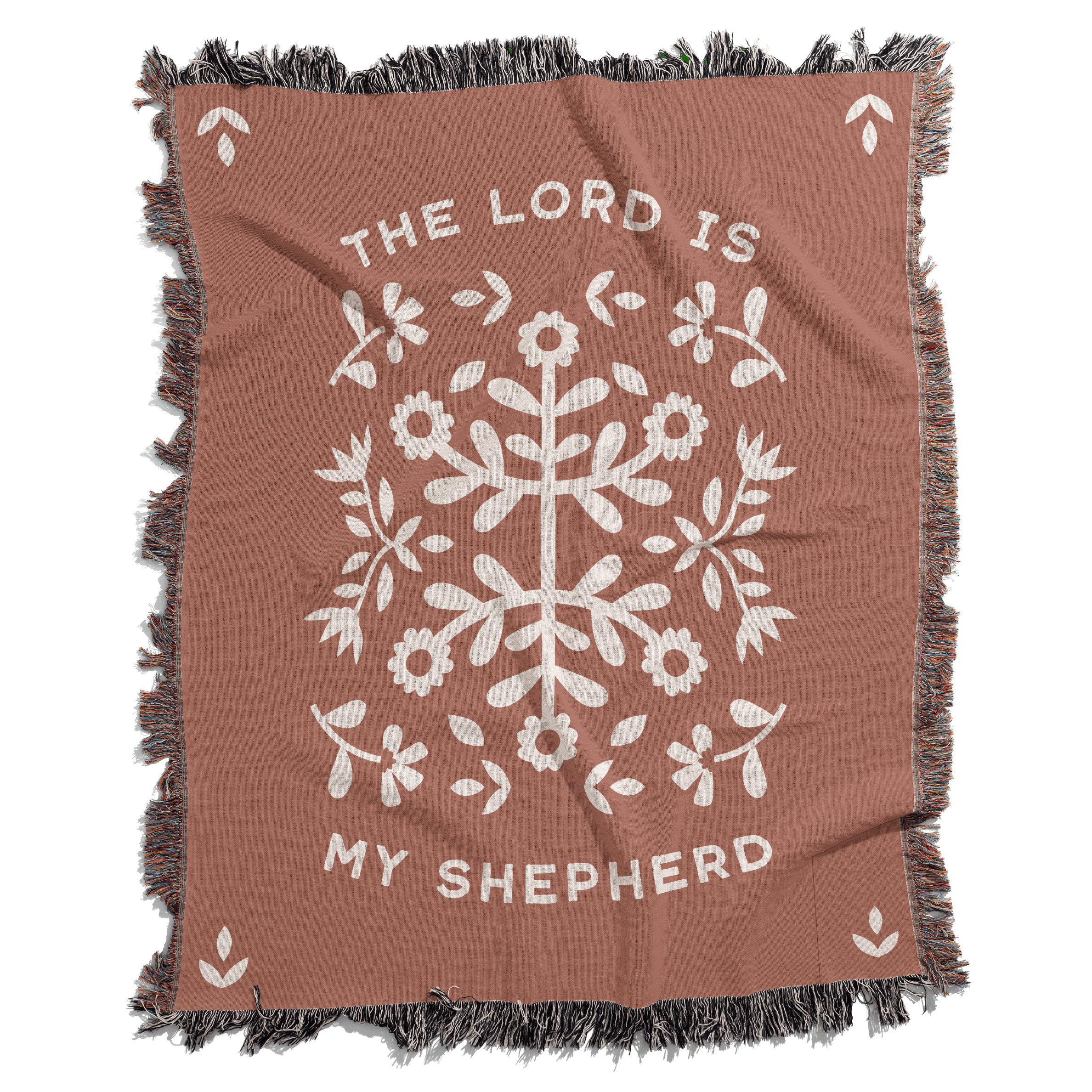 Brown blanket with white floral design and 'The Lord is My Shepherd' text