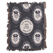 Blanket with decorative patterns and text on a white background
