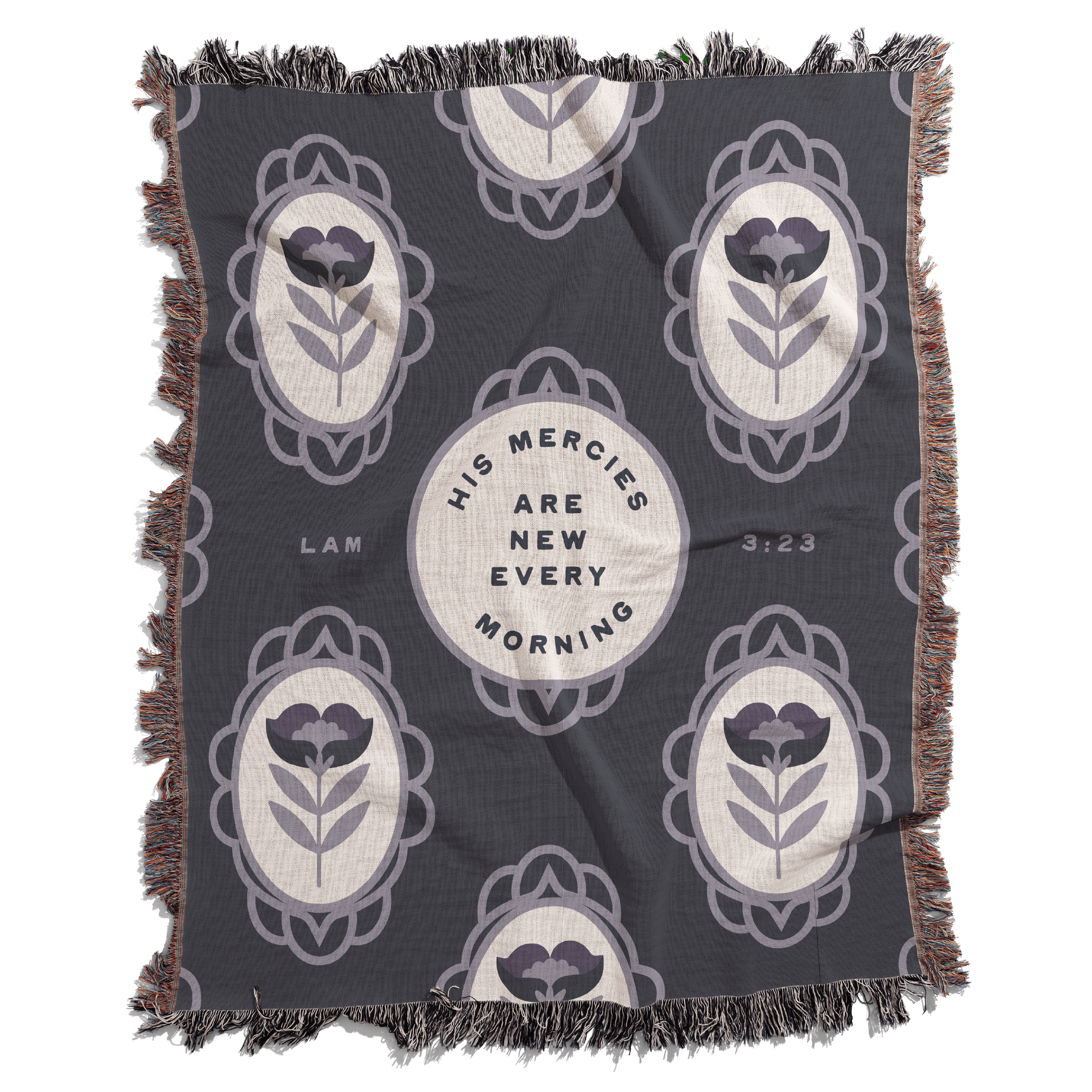 Blanket with decorative patterns and text on a white background