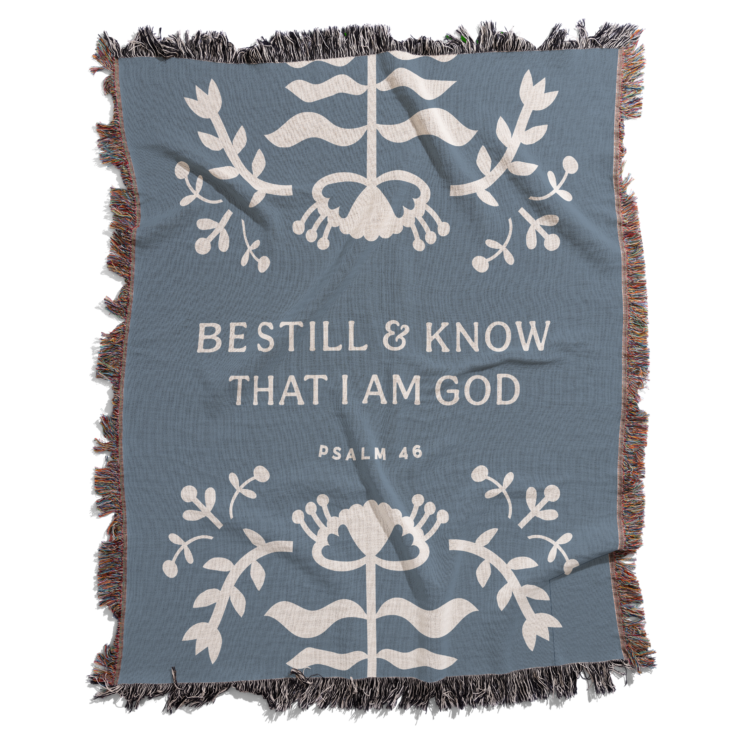 Blue blanket with white text and decorative patterns on a white background