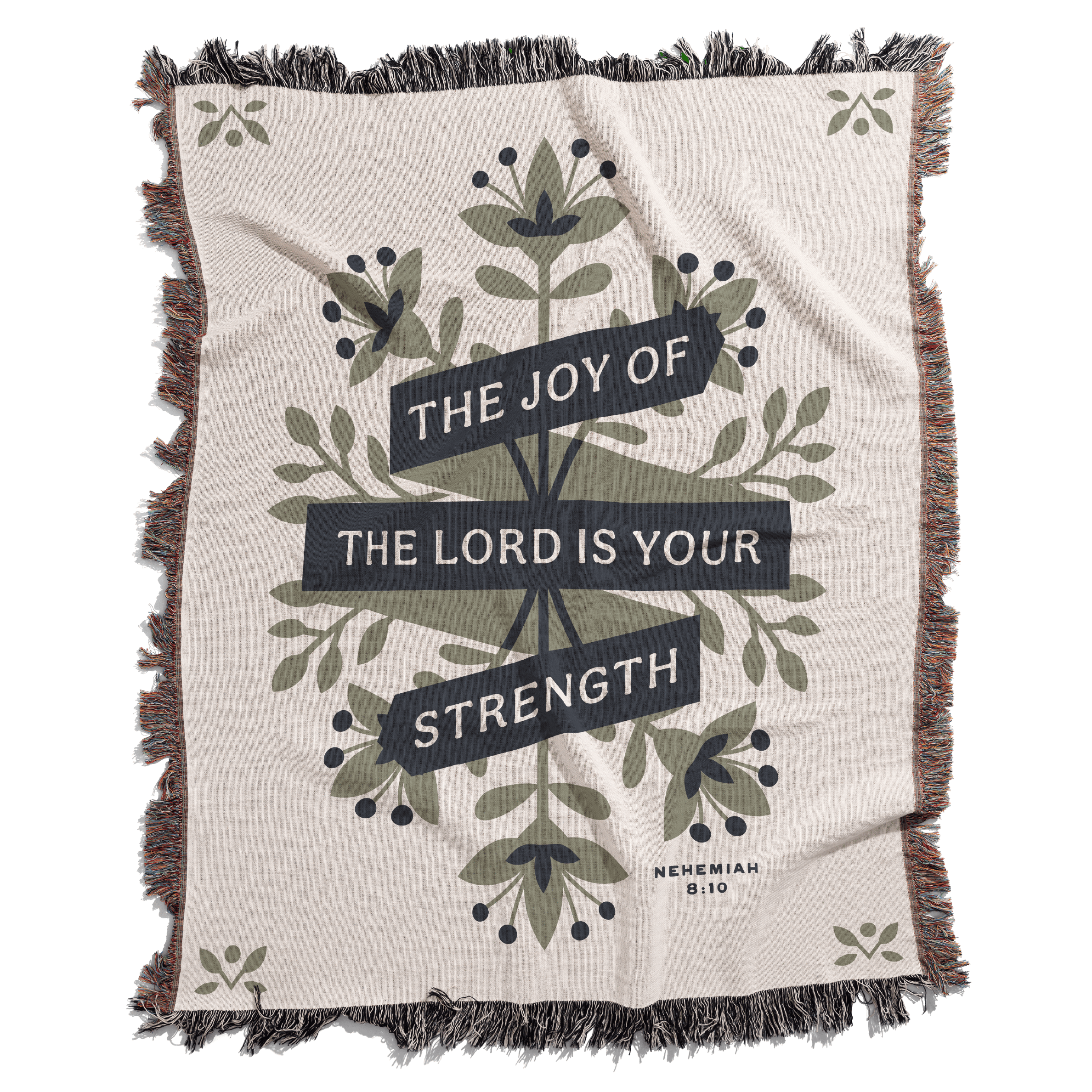 Blanket with floral design and text 'The Joy of the Lord is Your Strength' on a white background