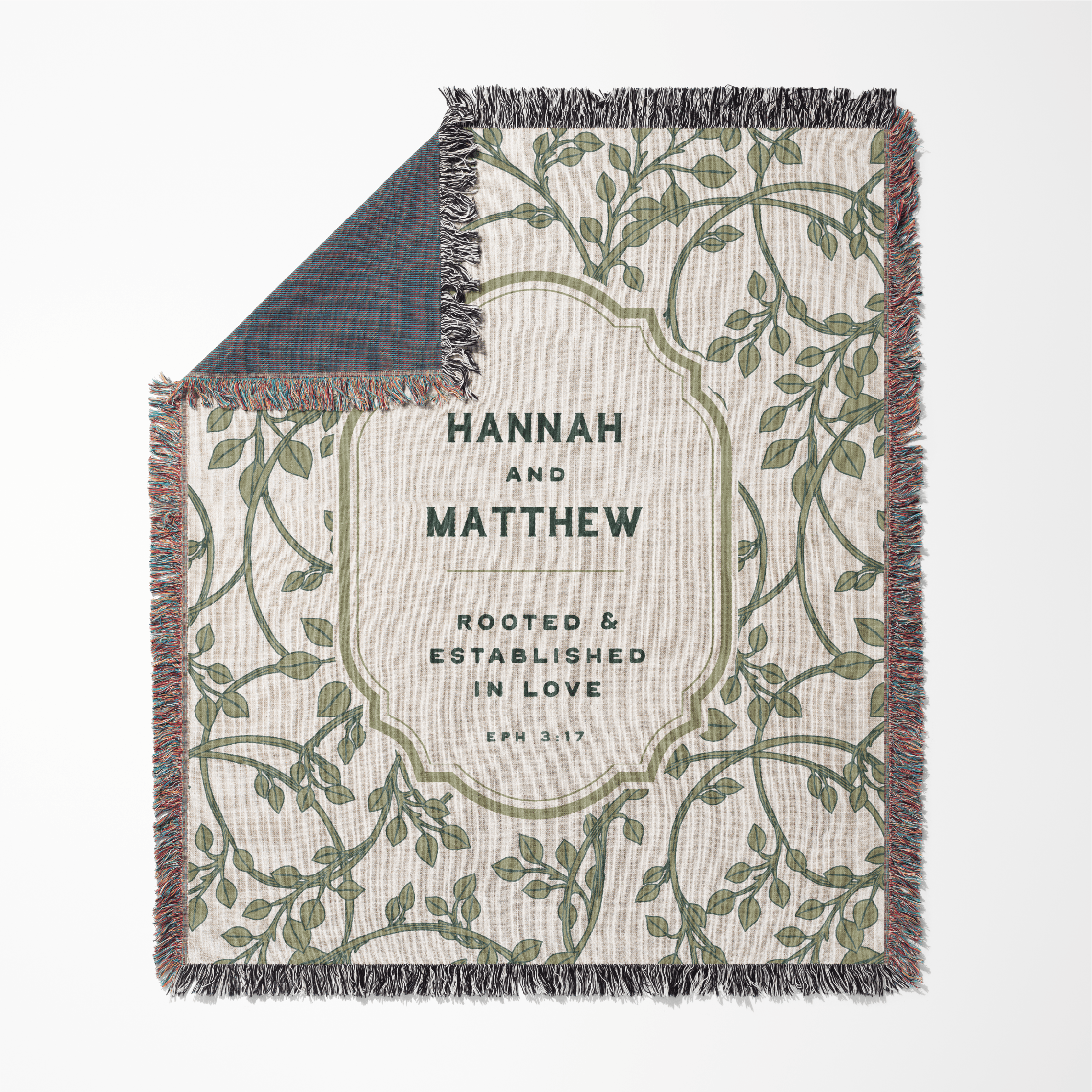 Personalized blanket with floral pattern and text on a white background