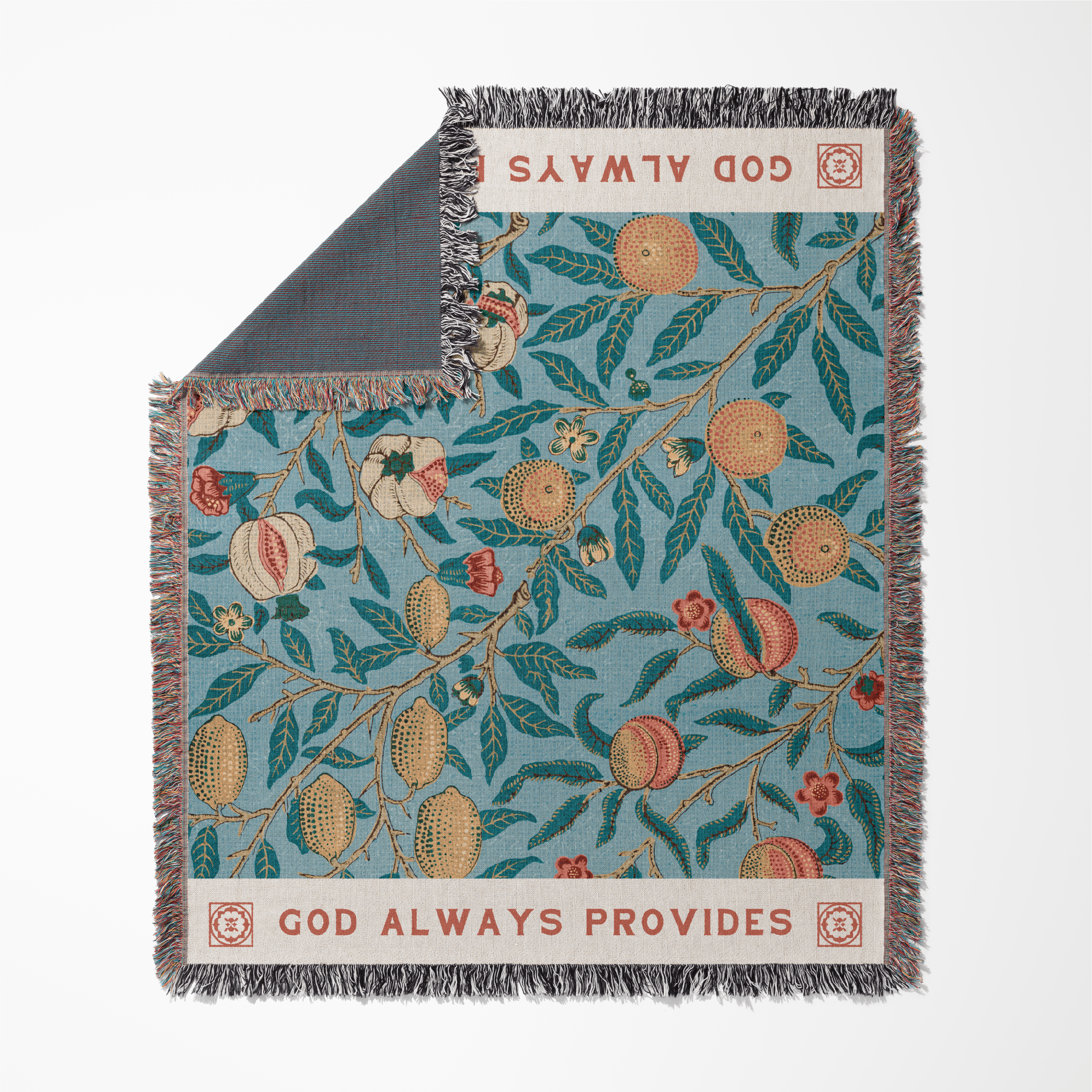 Decorative blanket with floral pattern and 'God Always Provides' text on a white background