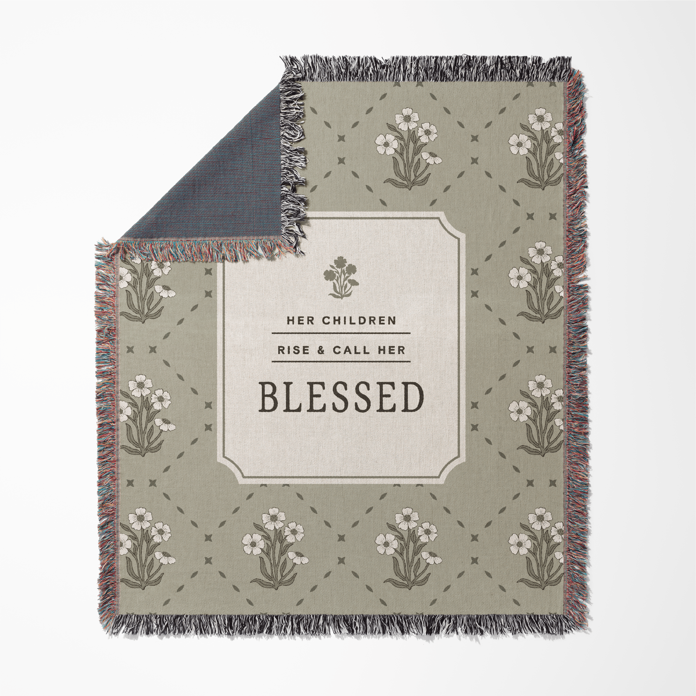Blanket with floral pattern and text on a white background