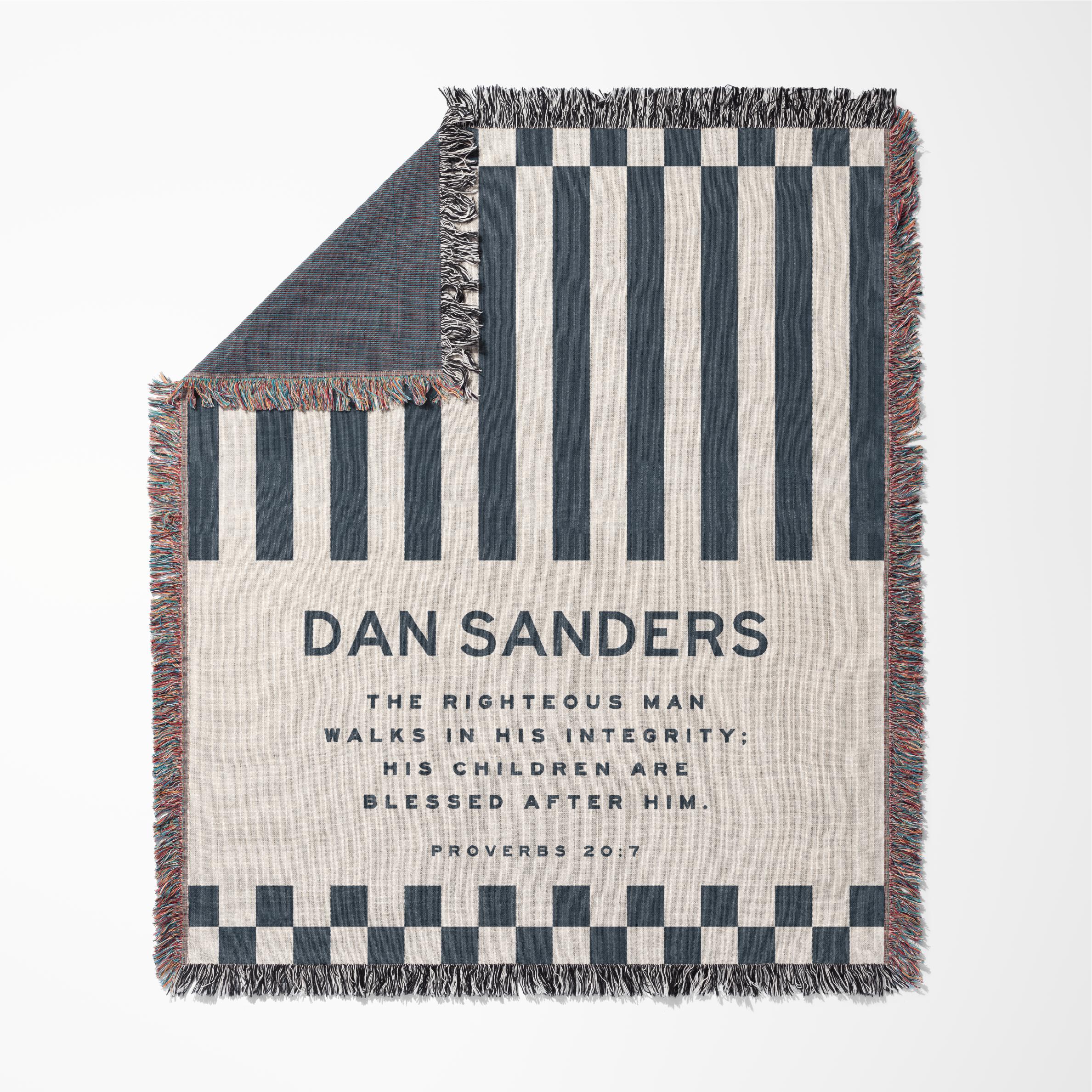 Striped blanket with text and branding on a white background