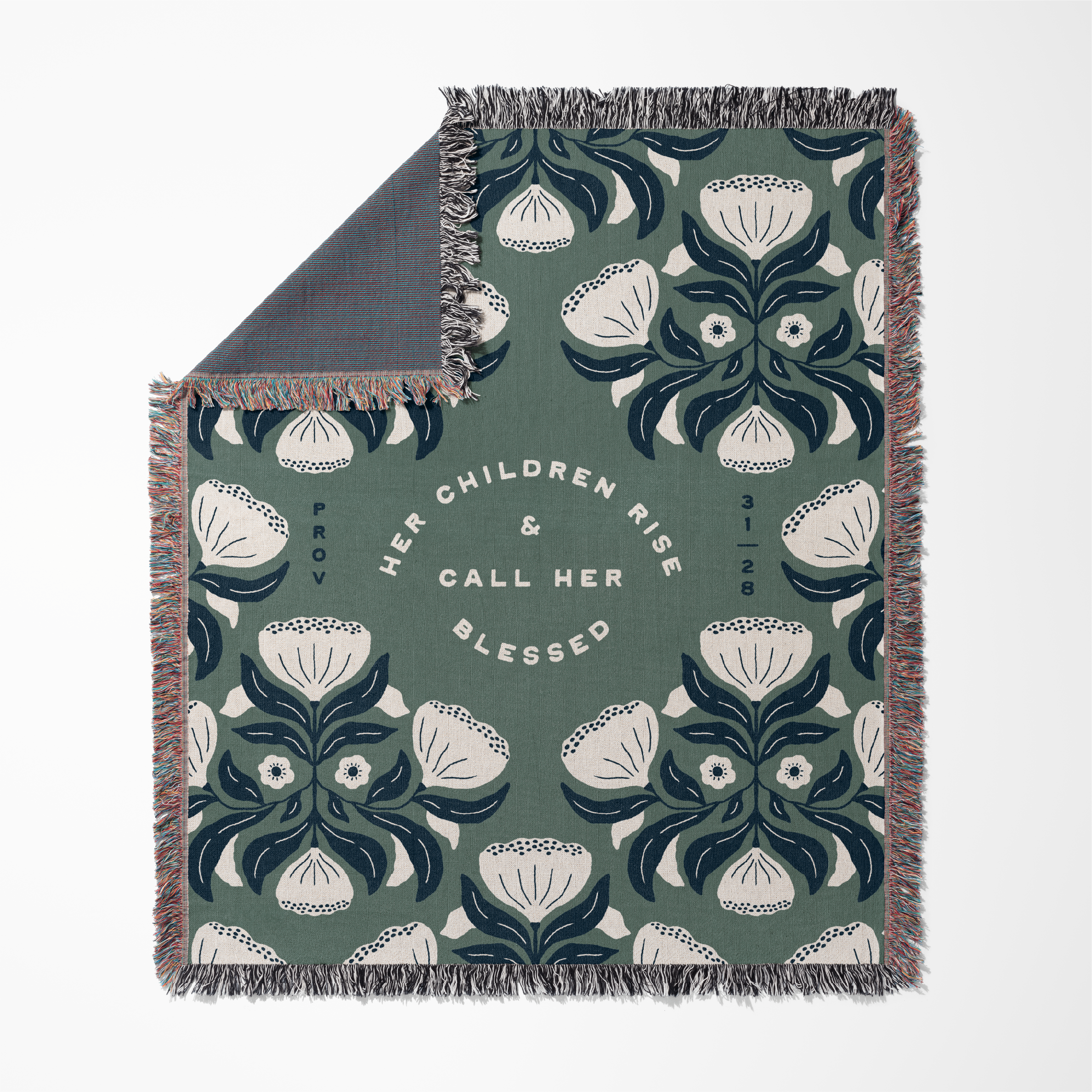 Floral patterned blanket with text on a white background