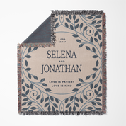Personalized throw blanket with names 'Selena' and 'Jonathan' and a biblical quote on a white background.