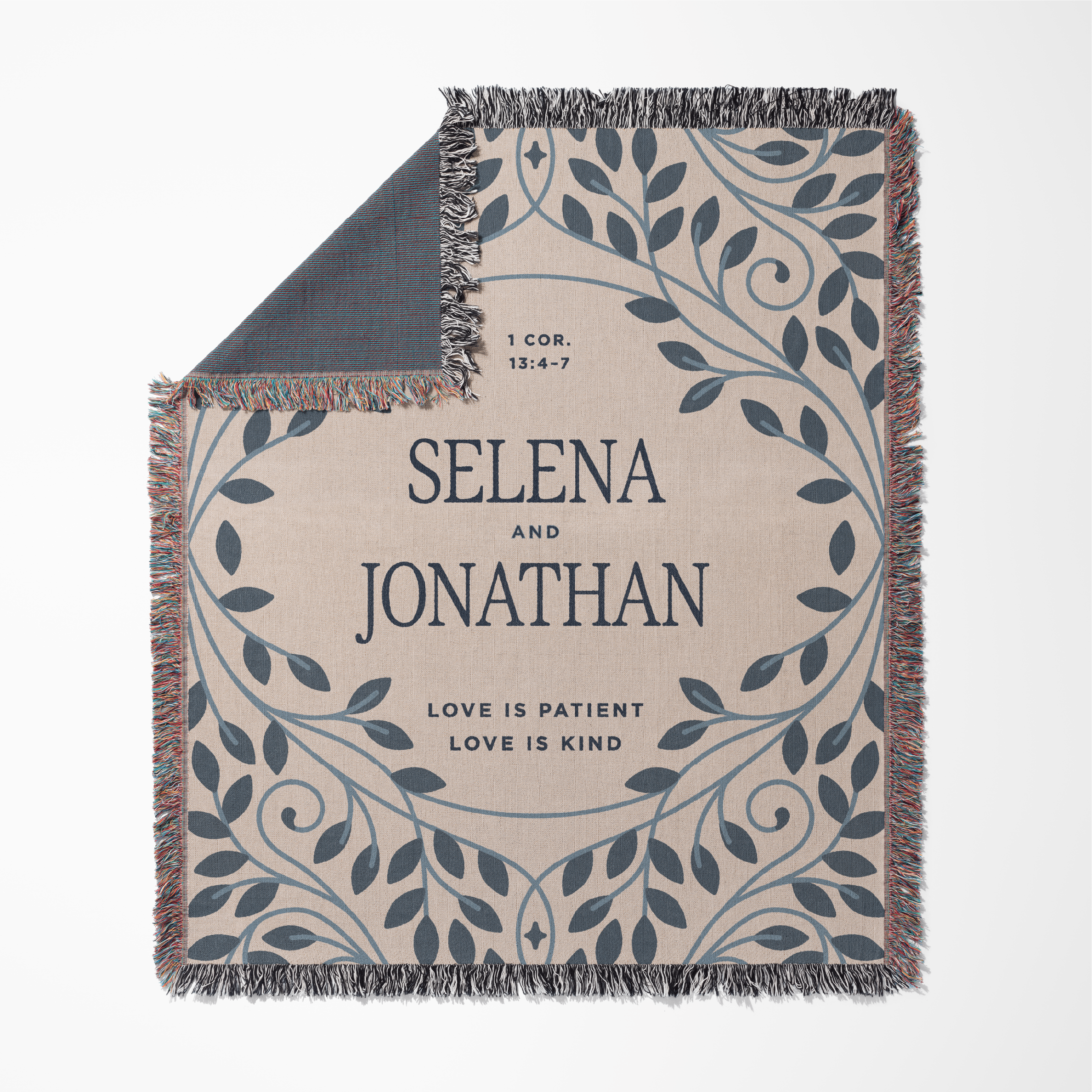 Personalized throw blanket with names 'Selena' and 'Jonathan' and a biblical quote on a white background.
