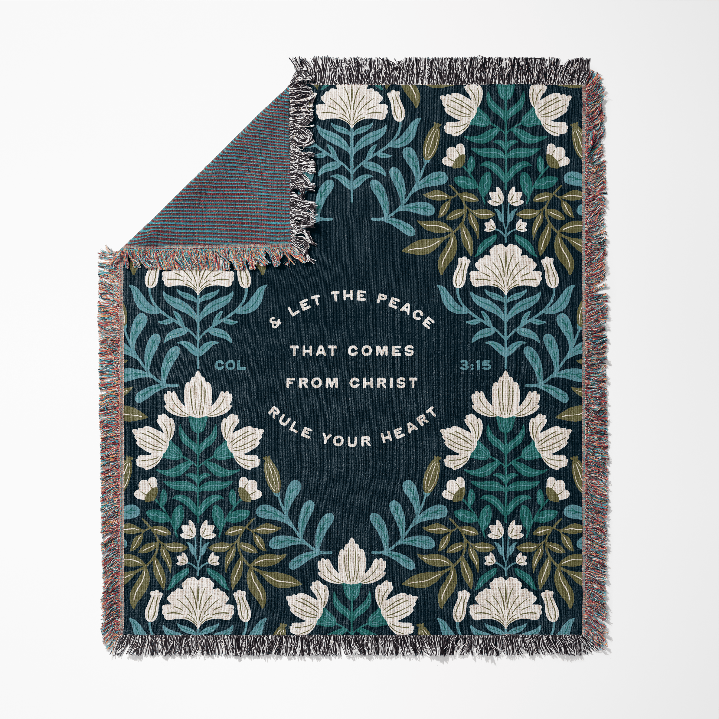 Floral patterned blanket with text on a white background