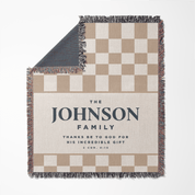 Checkered blanket with 'The Johnson Family' text on a white background