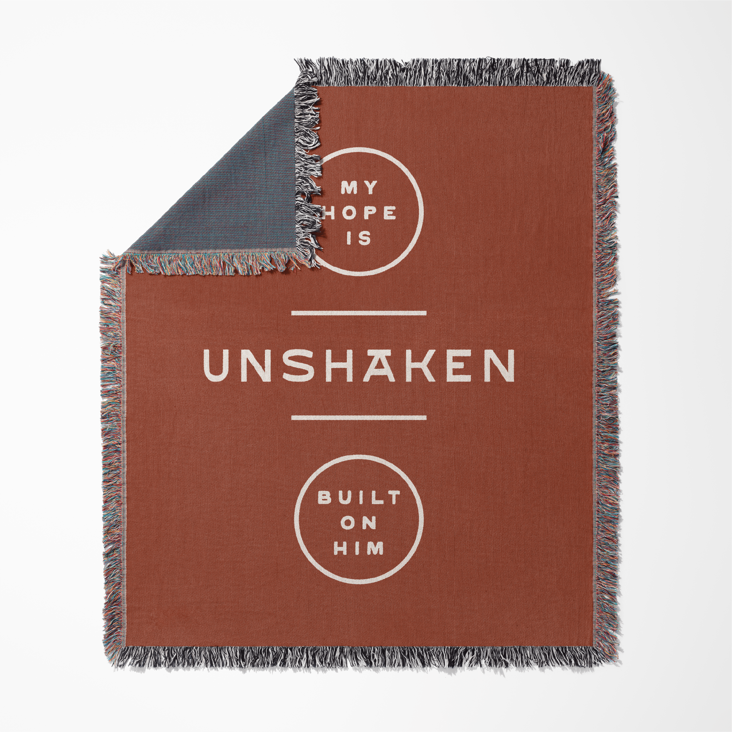My Hope is Unshaken woven blanket back shot in stuido