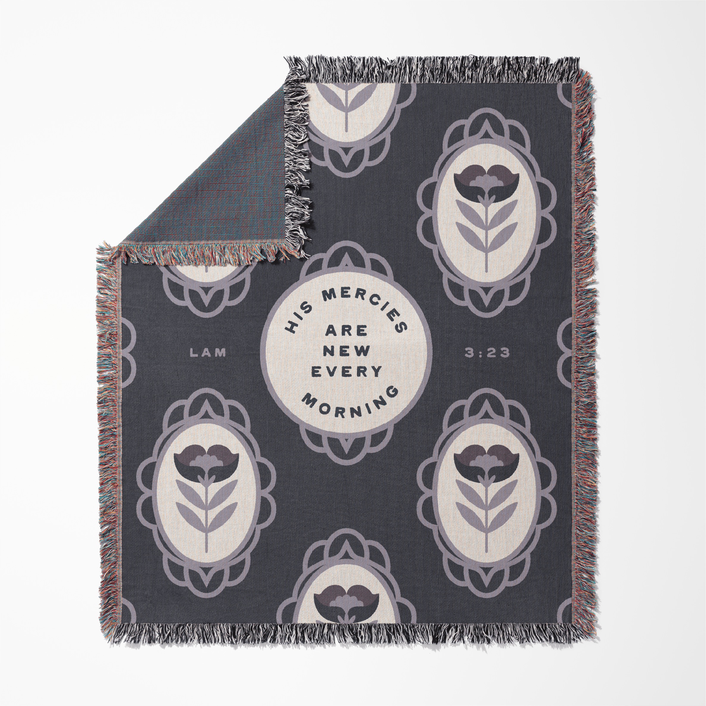 Decorative blanket with floral patterns and text on a gray background