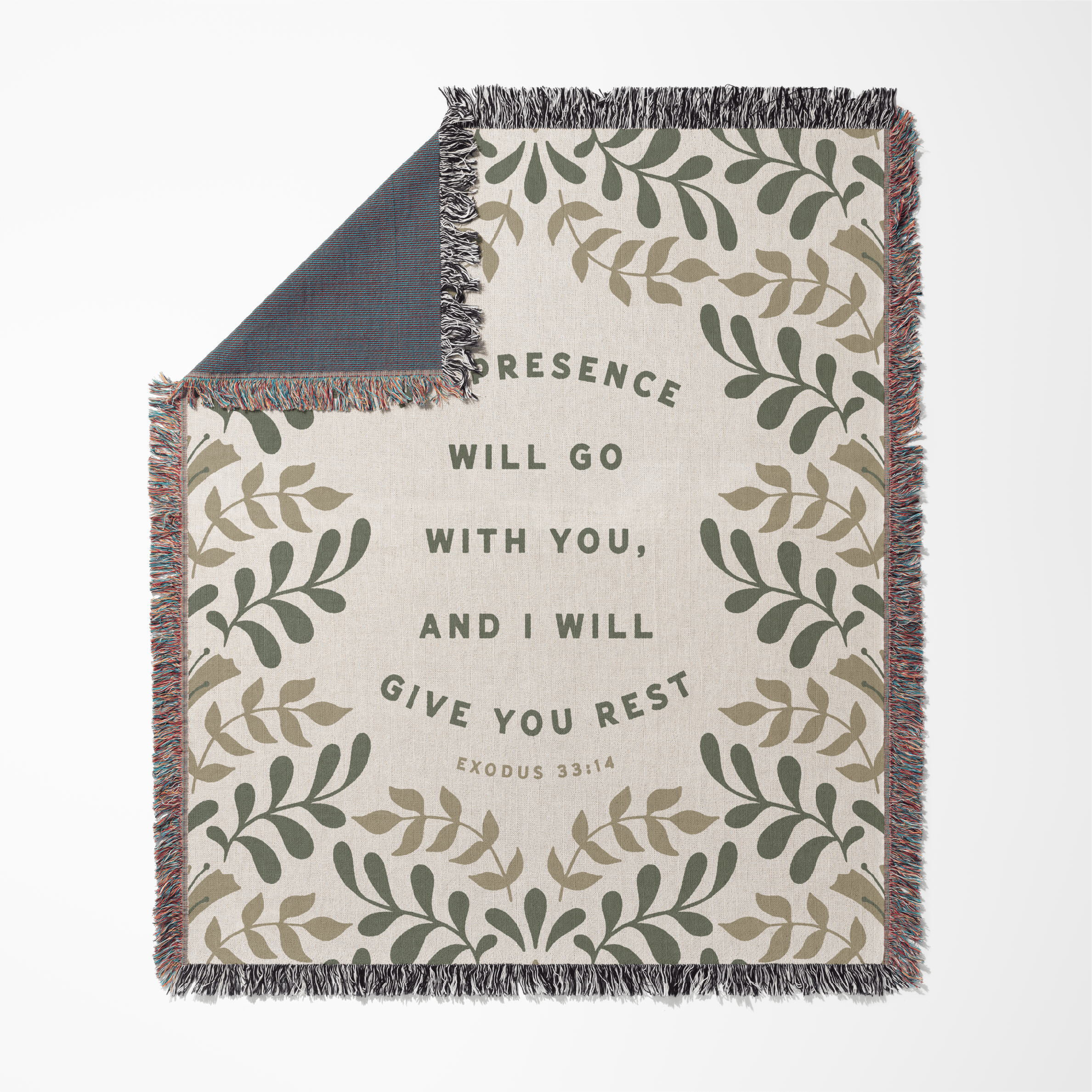 Blanket with leaf pattern and text on a white background