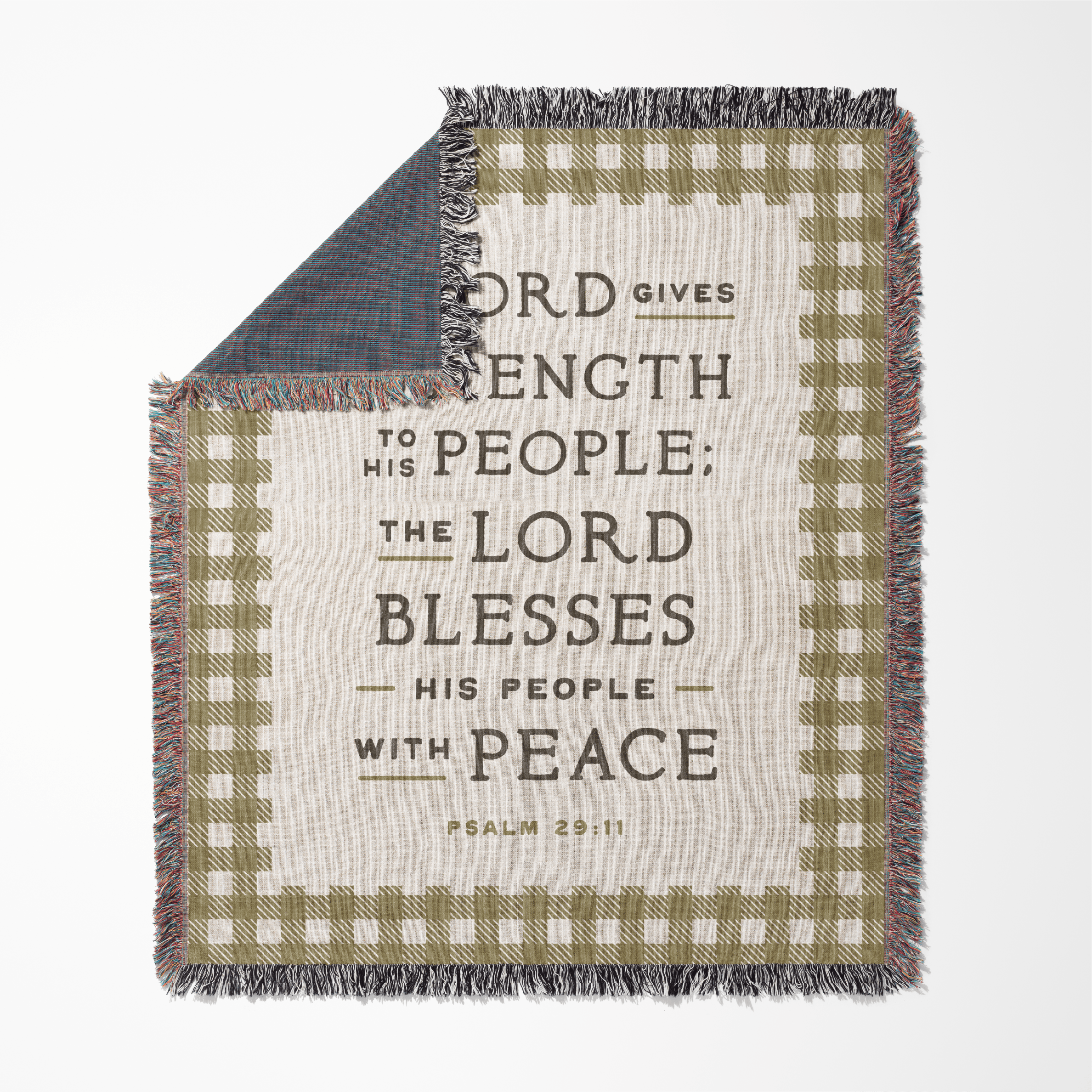 Blanket with plaid pattern and text on a white background