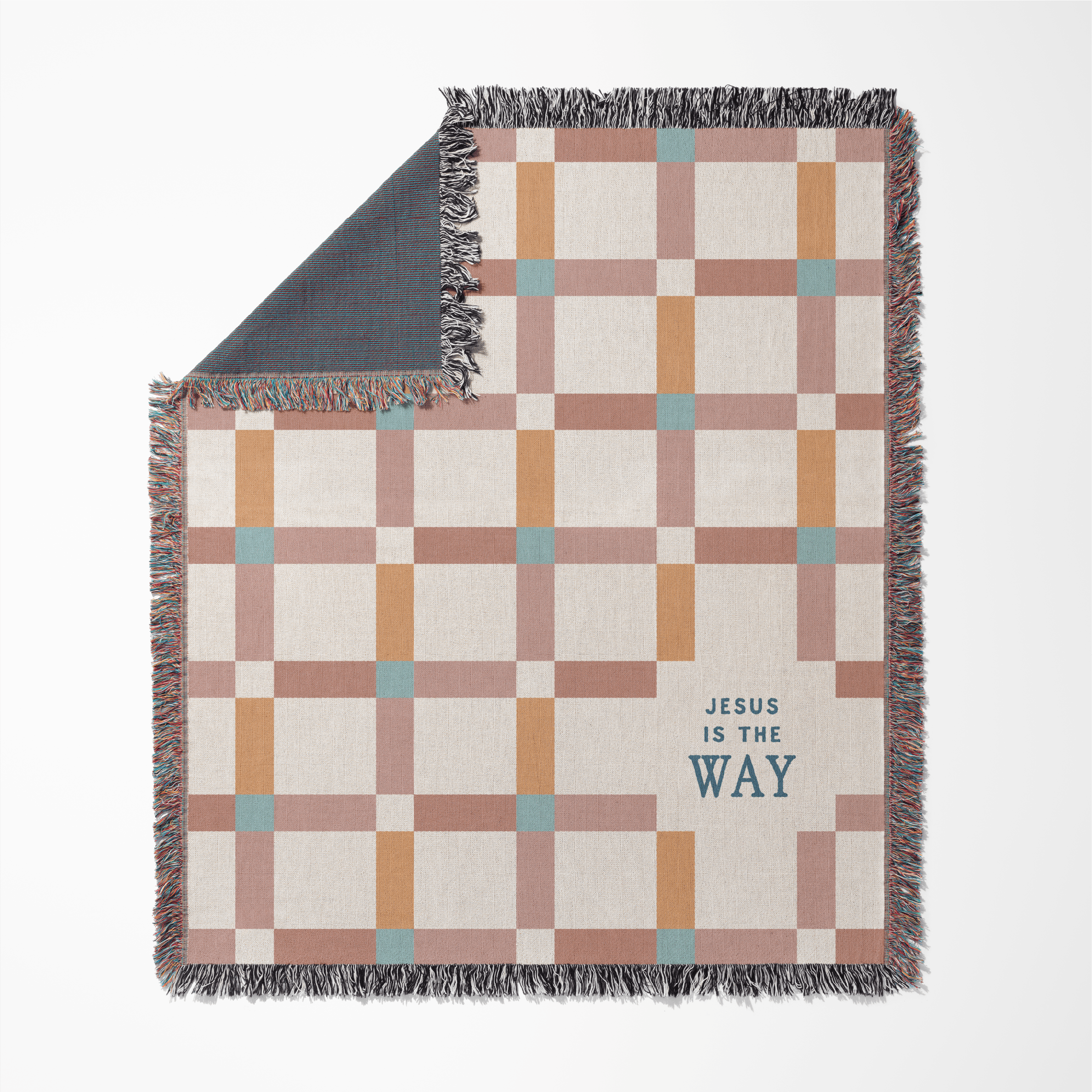 Checkered blanket with 'Jesus is the Way' text on a white background