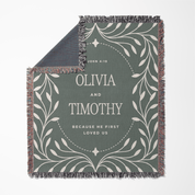 Woven blanket with personalized text and decorative design on a white background