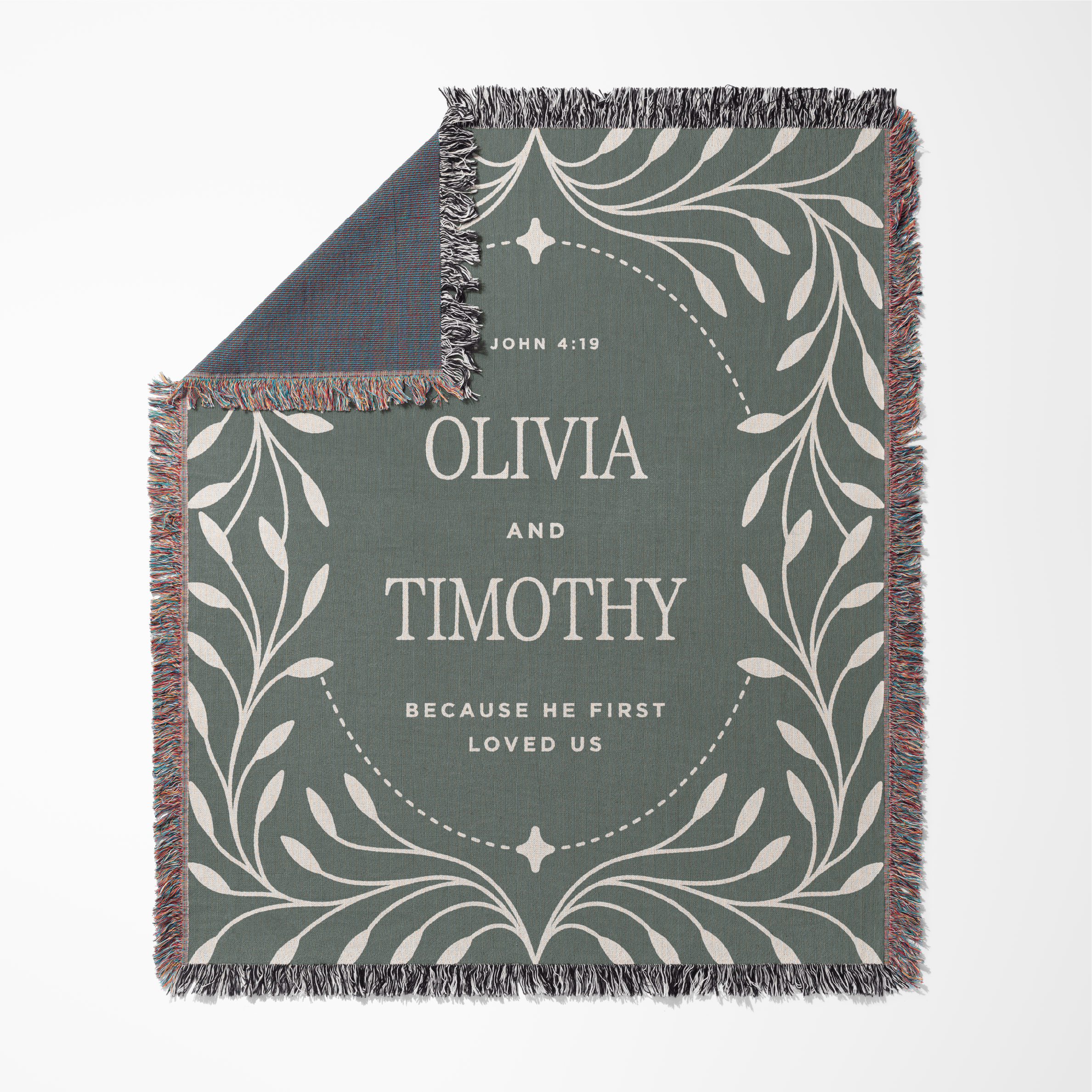 Woven blanket with personalized text and decorative design on a white background
