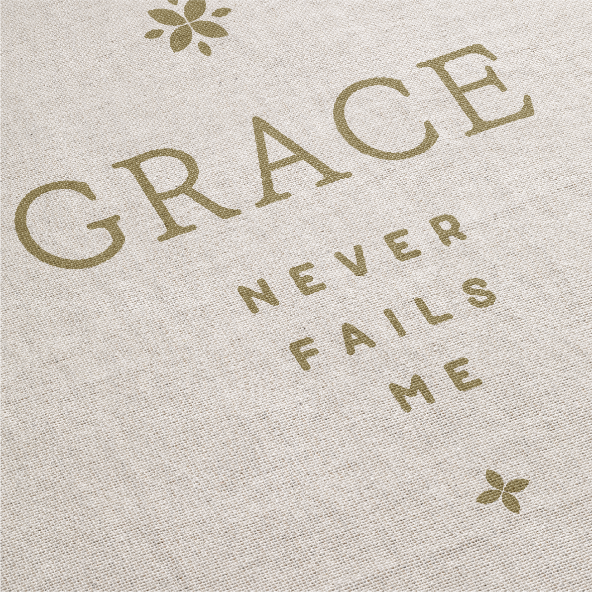 Text 'GRACE NEVER FAILS ME' on a textured beige background with floral elements.