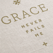 Text 'GRACE NEVER FAILS ME' on a textured beige background with floral elements.