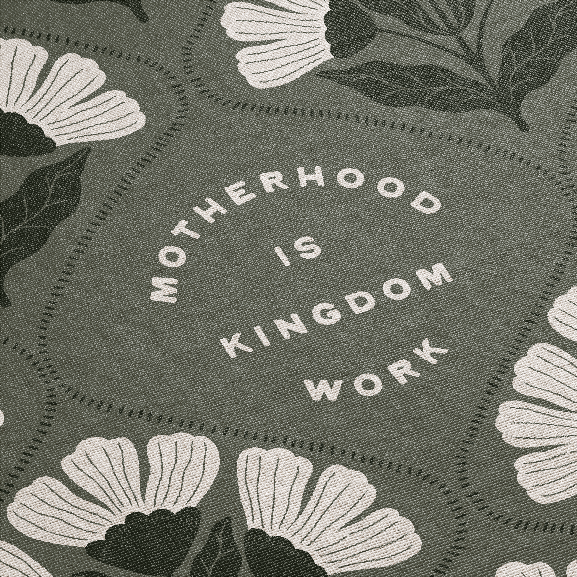 Text 'Motherhood is Kingdom Work' surrounded by floral patterns on a green background
