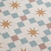 Patterned carpet with star shapes and a checkered design in beige, blue, and brown.