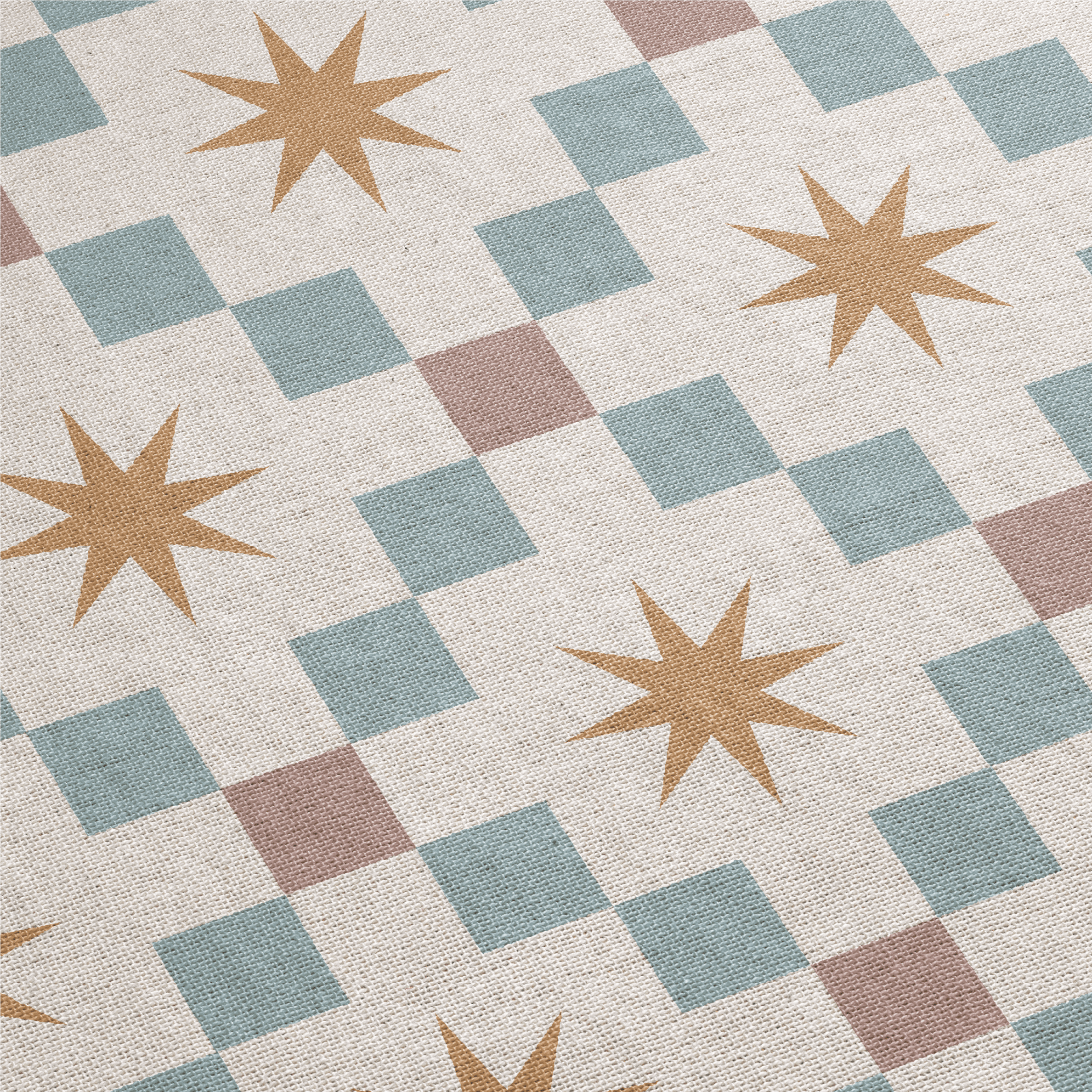 Patterned carpet with star shapes and a checkered design in beige, blue, and brown.