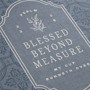 Decorative card with 'Blessed Beyond Measure' text on a blue patterned background
