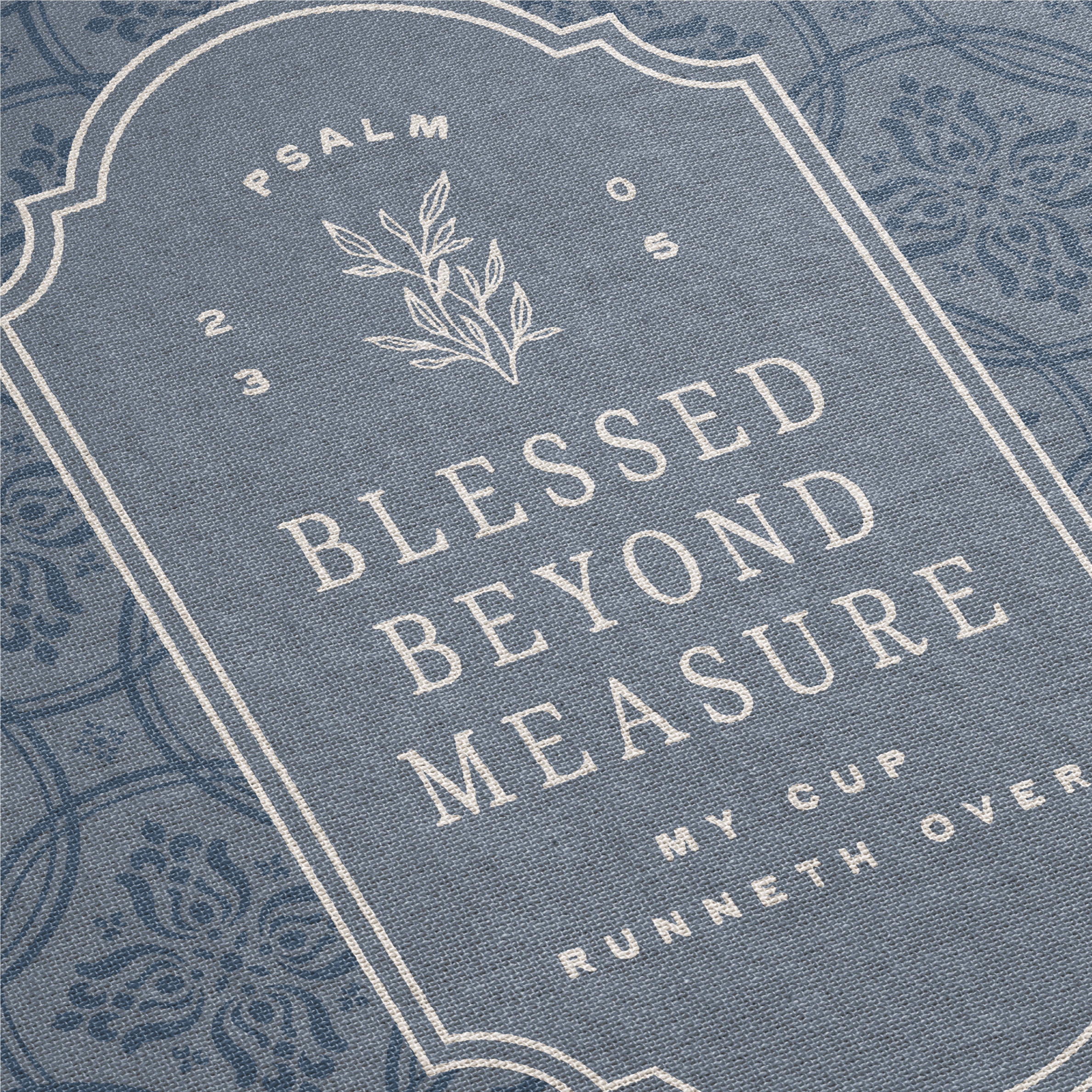 Decorative card with 'Blessed Beyond Measure' text on a blue patterned background