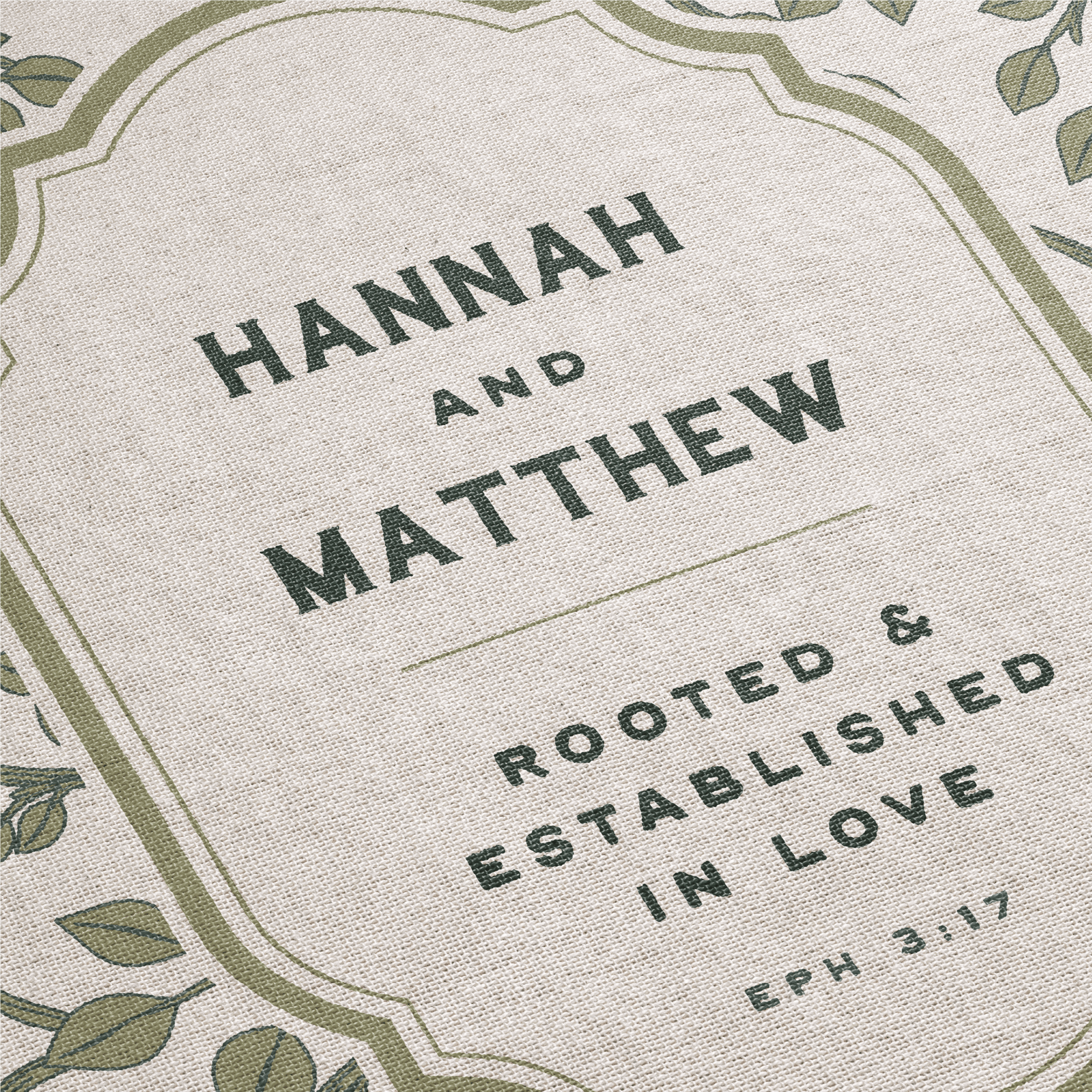Text overlay with 'Hannah and Matthew' and Bible verse on a textured background with leaf patterns.