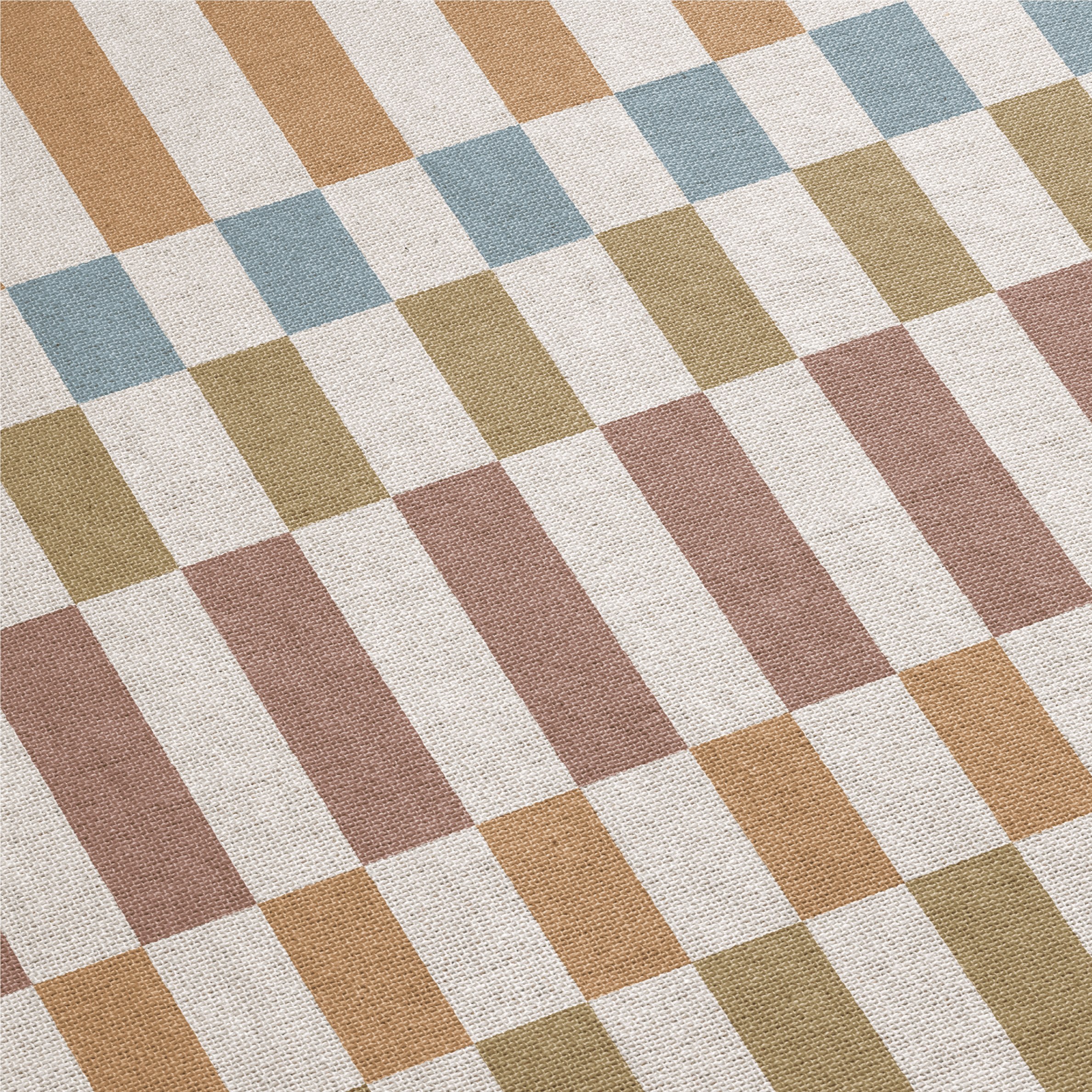 Checkered pattern with brown, beige, and blue squares on a textured surface.