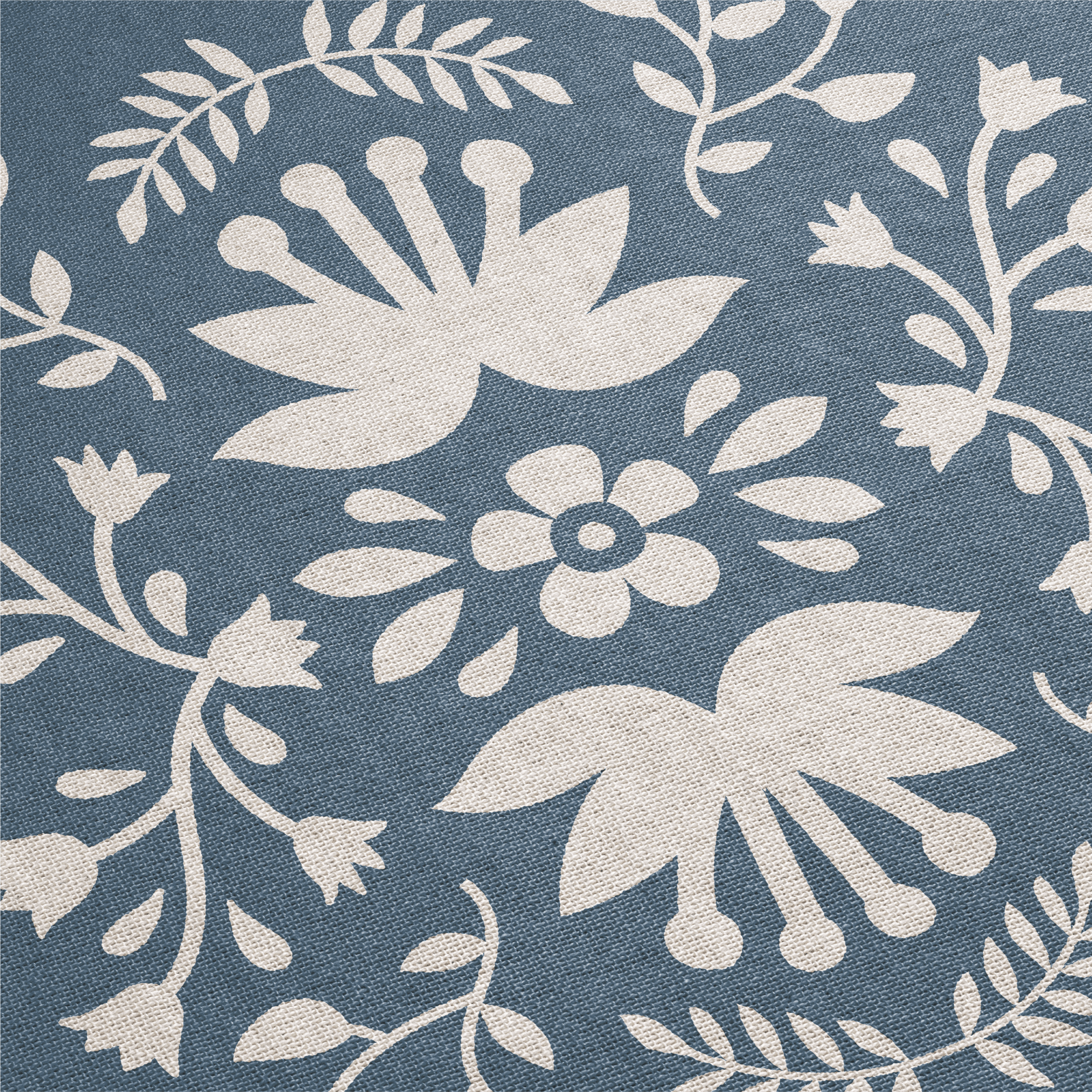 Floral pattern with white flowers and leaves on a blue background