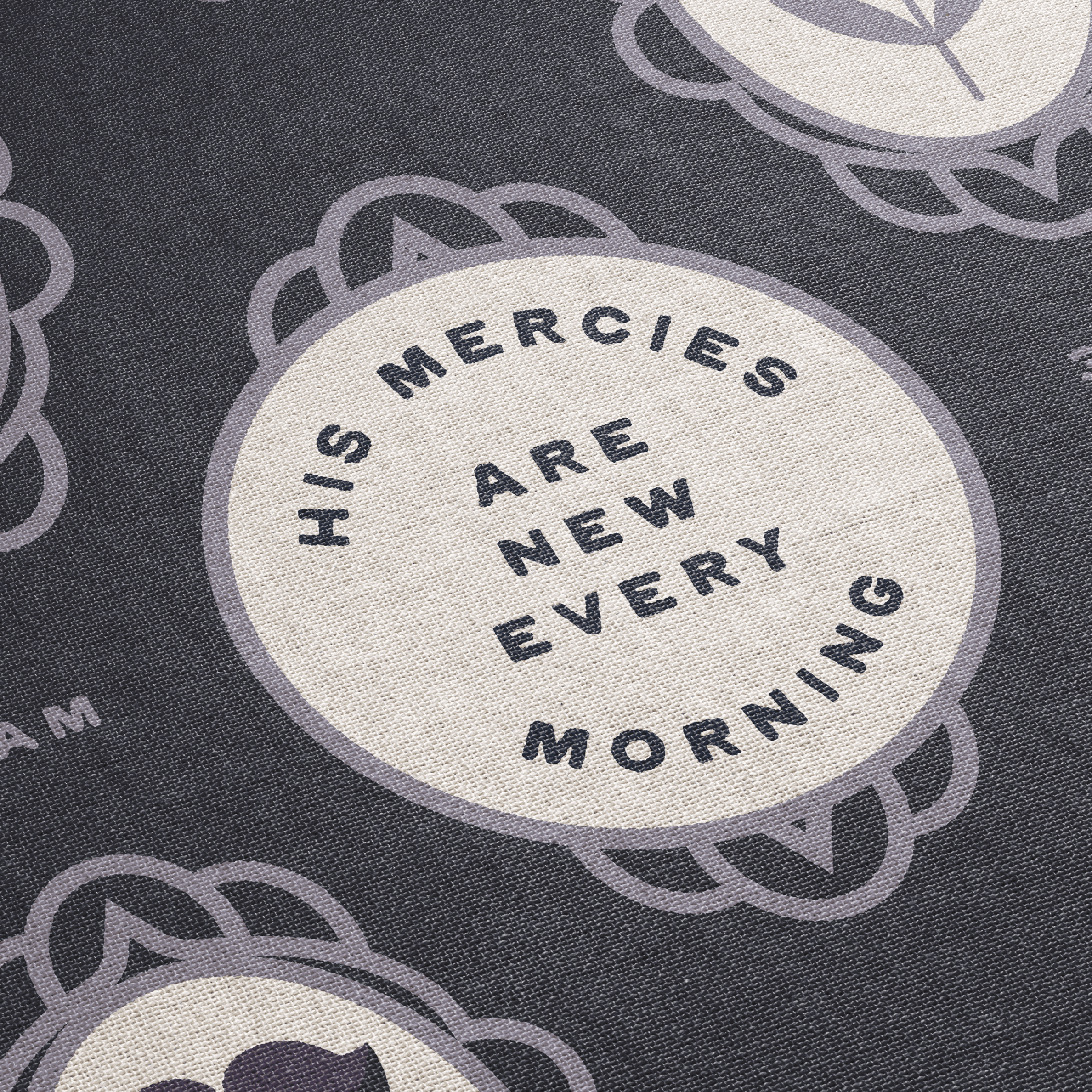 Text 'His mercies are new every morning' on a circular design with decorative elements.