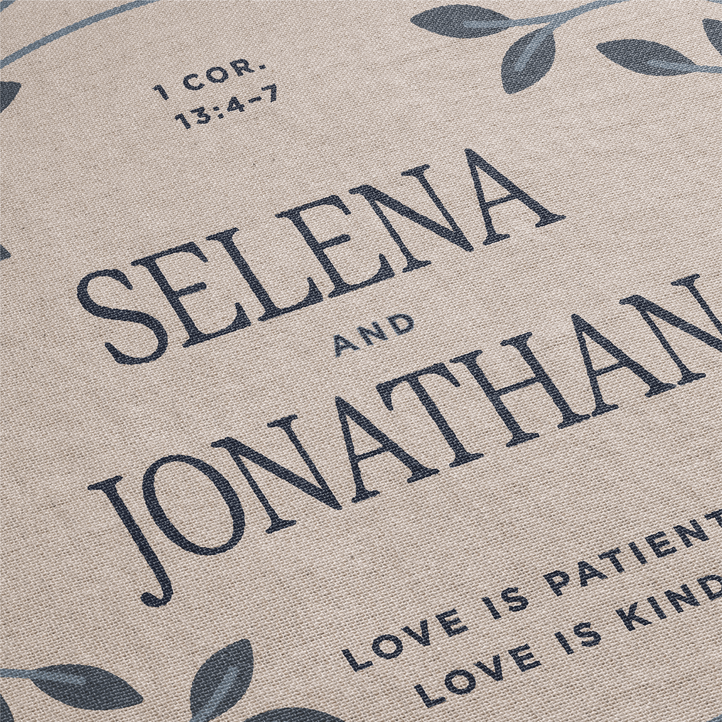 Personalized fabric with 'Selena and Jonathan' and Bible verse on beige background