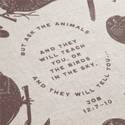 Text with animal illustrations on a textured background