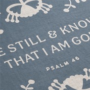 Text on a blue background with decorative elements and 'Psalm 46' reference
