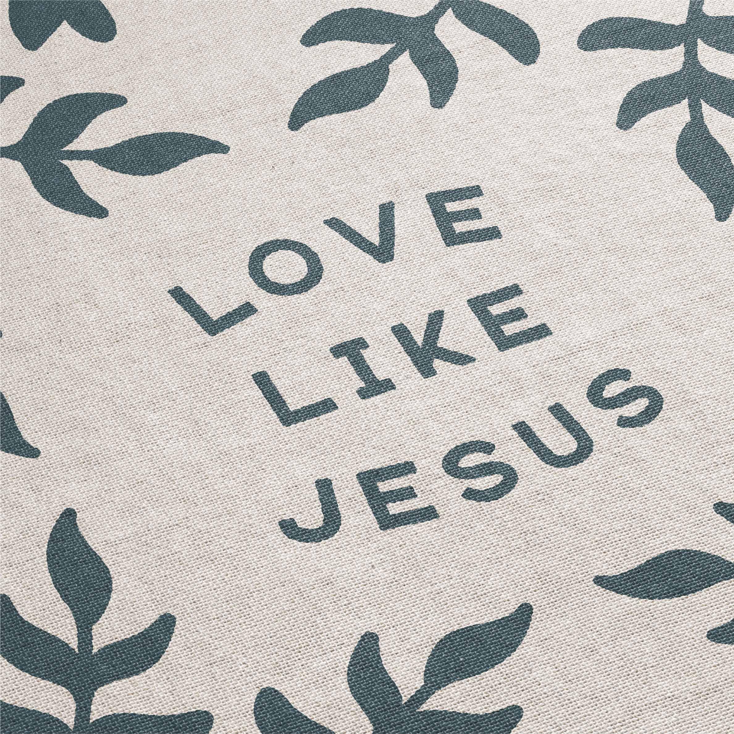 Text 'LOVE LIKE JESUS' with leaf patterns on a light background