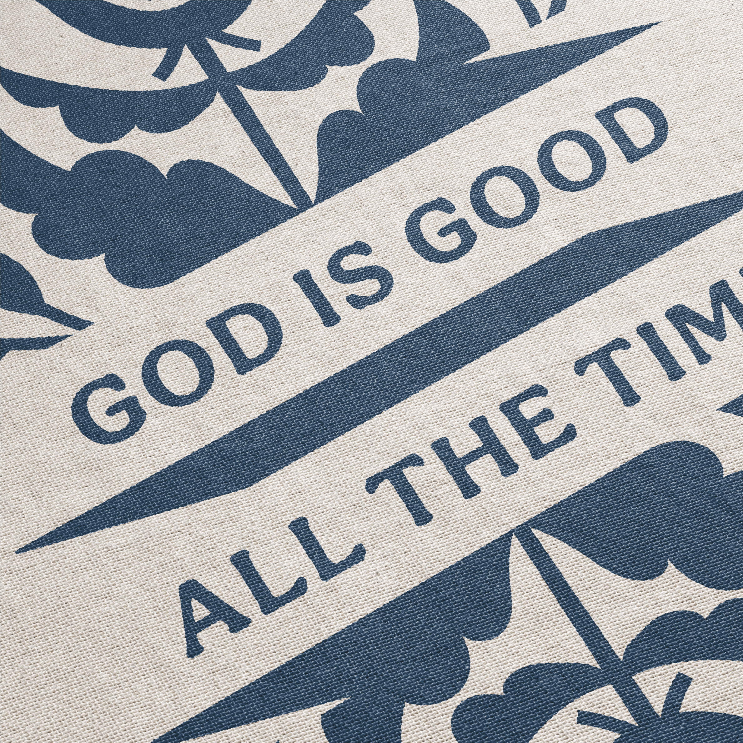 Text 'GOD IS GOOD ALL THE TIME' with floral patterns on a textured background