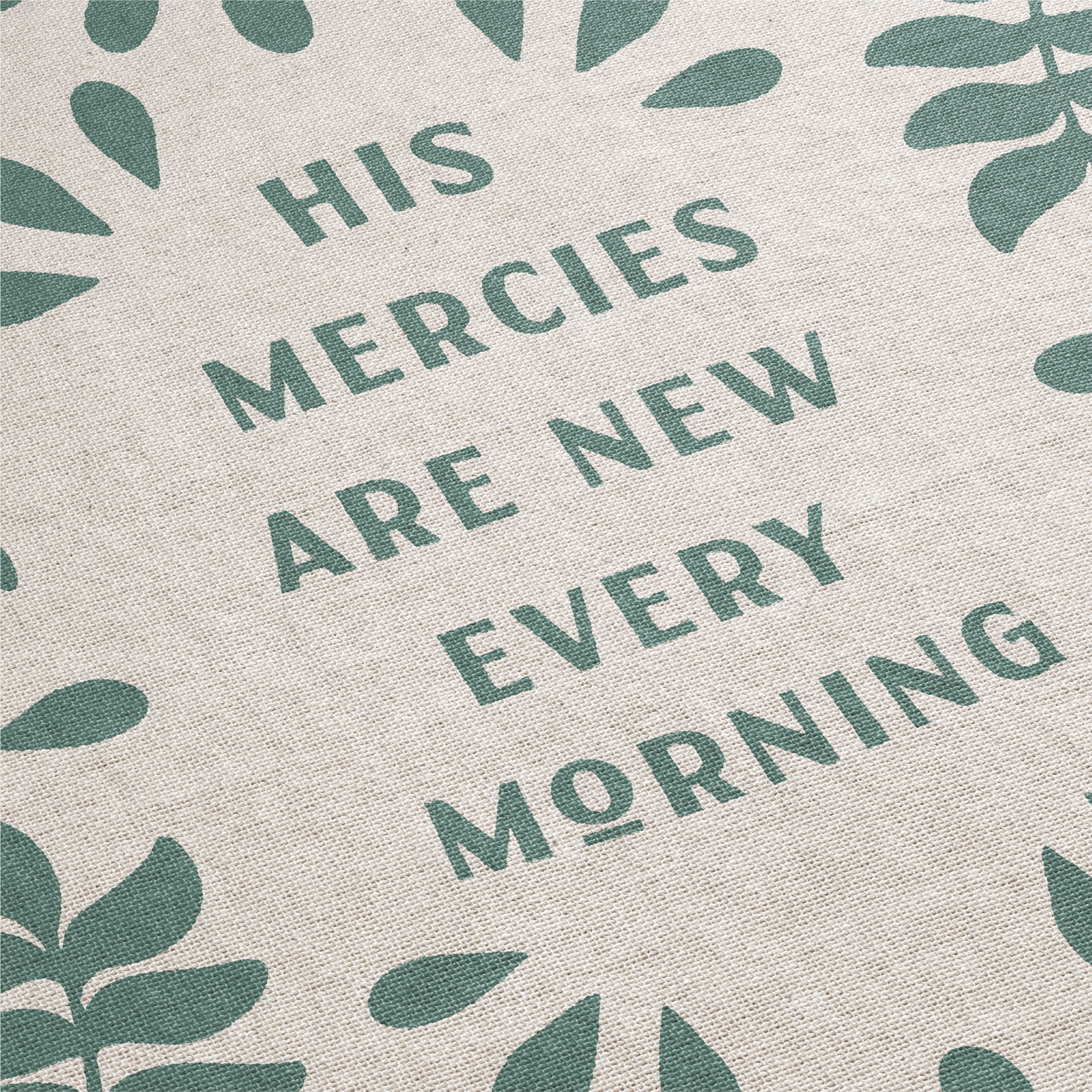 Text 'His mercies are new every morning' with leaf patterns on a light background