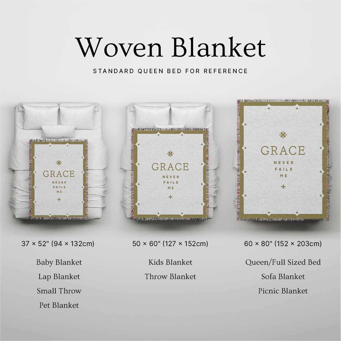Woven blanket with size chart on a gray background