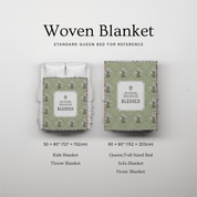 Woven blanket packaging with dimensions and uses on a light gray background