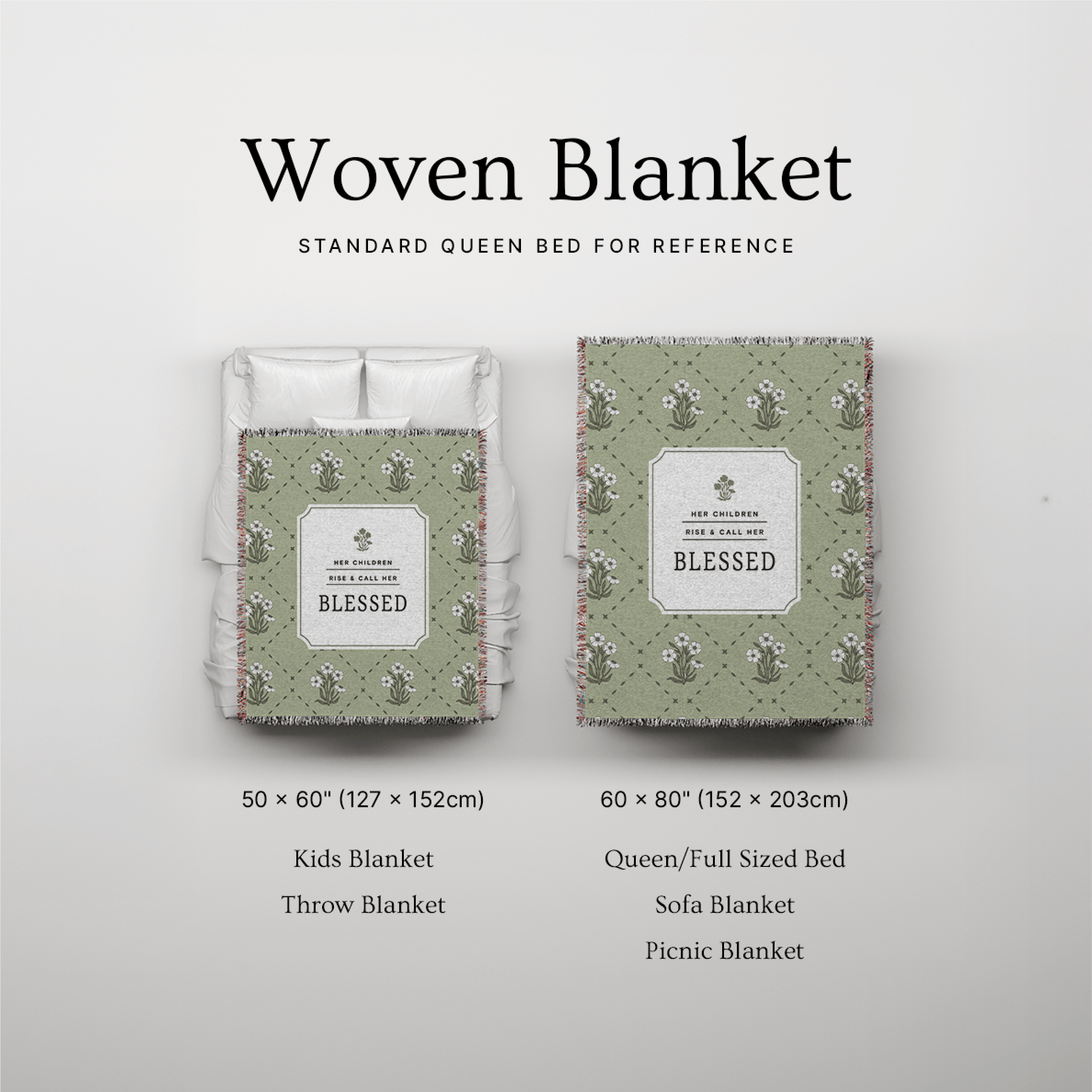 Woven blanket packaging with dimensions and uses on a light gray background